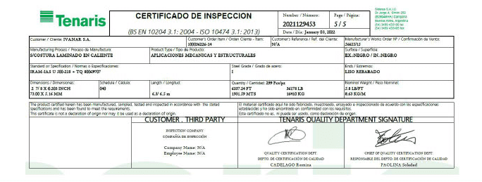 certificado de inspeccion